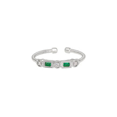 Rhodium Finish Sterling Silver Cable Cuff Ring with Simulated Emeralds and Simulated Diamonds