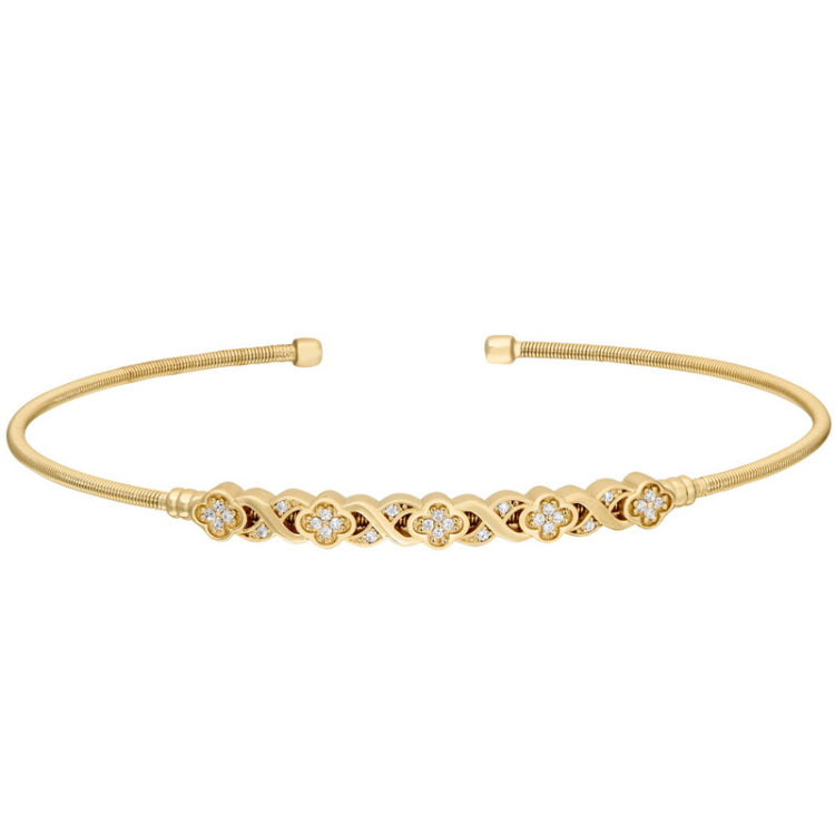 Gold finish sterling silver cable cuff bracelet with simulated diamond xo flower design
