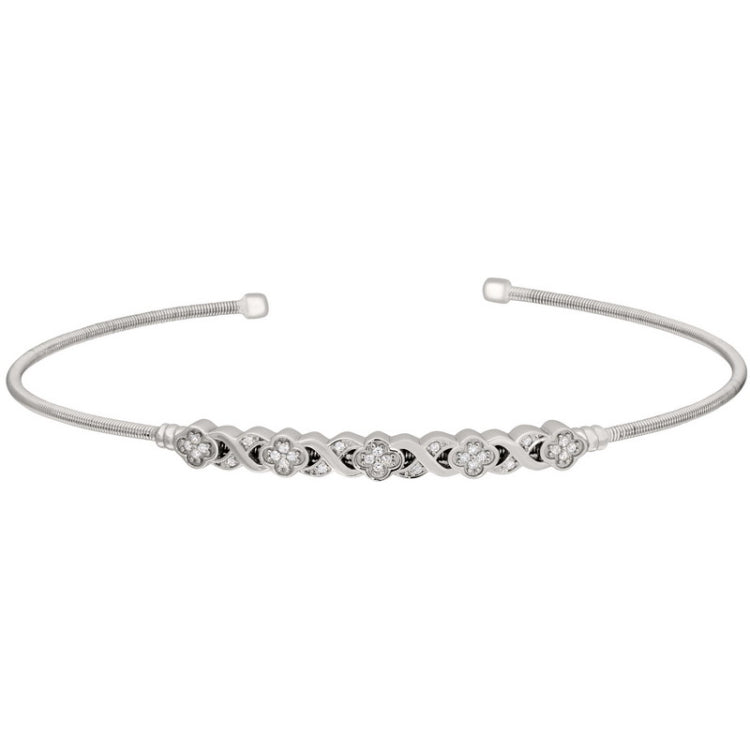 Rhodium finish sterling silver cable cuff bracelet with simulated diamond xo flower design