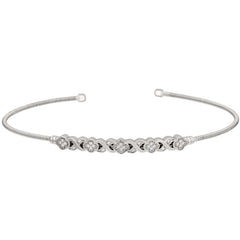 Rhodium finish sterling silver cable cuff bracelet with simulated diamond xo flower design