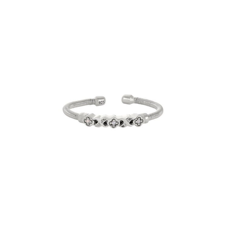 Rhodium Finish Sterling Silver Cable Cuff Ring with Simulated Diamond XO Flower Design