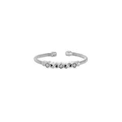 Rhodium Finish Sterling Silver Cable Cuff Ring with Simulated Diamond XO Flower Design