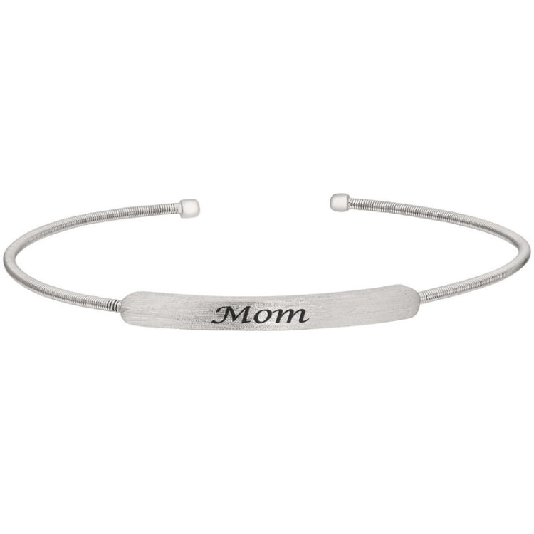 Rhodium finish sterling silver cable cuff bracelet with name plate - mom