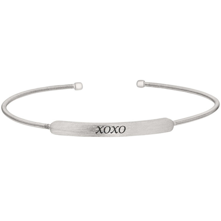 Rhodium finish sterling silver cable cuff bracelet with name plate - xoxo