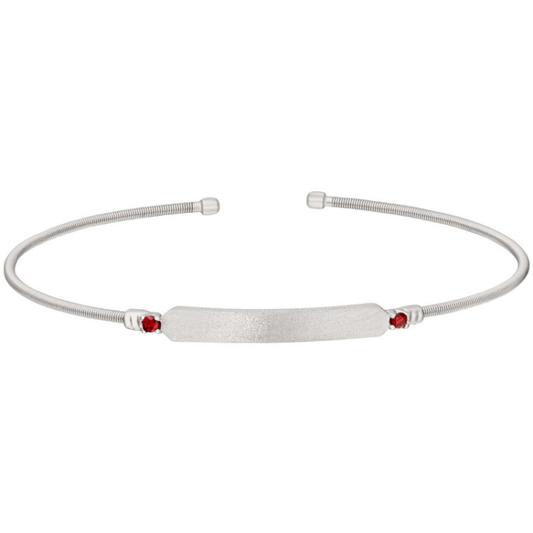 Rhodium finish sterling silver cable cuff bracelet with name plate and simulated garnet birth gems - january