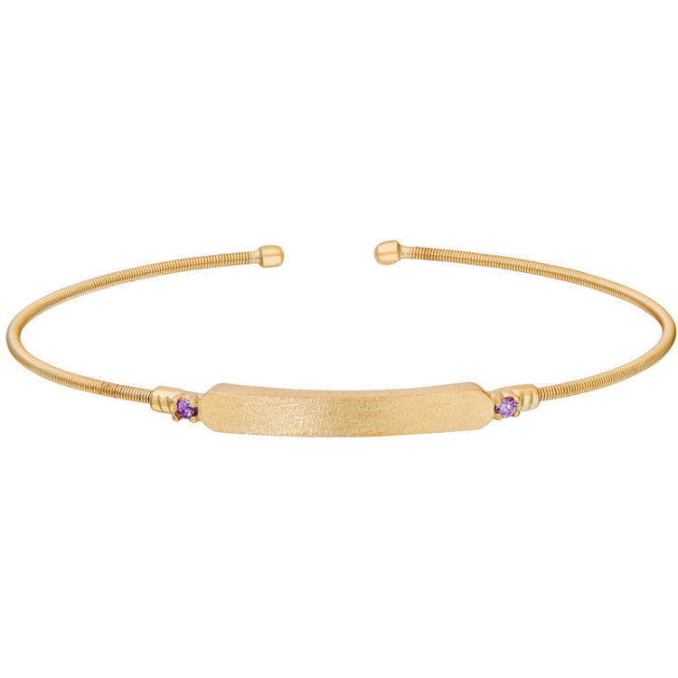 Gold finish sterling silver cable cuff bracelet with name plate and simulated amethyst birth gems - february