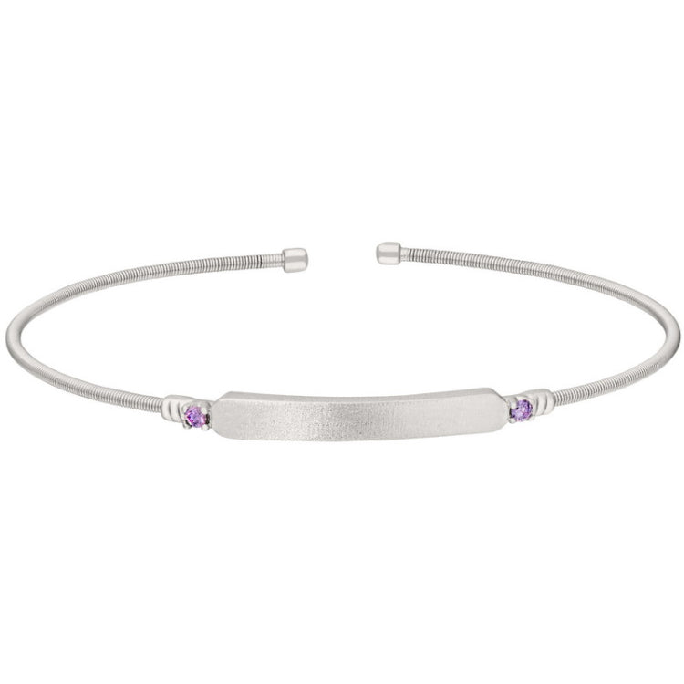 Rhodium finish sterling silver cable cuff bracelet with name plate and simulated amethyst birth gems - february