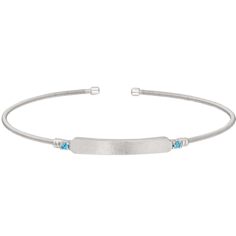 Rhodium finish sterling silver cable cuff bracelet with name plate and simulated aquamarine birth gems - march