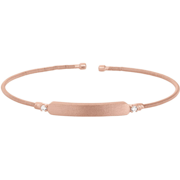 Rose Gold Finish Sterling Silver Cable Cuff Bracelet  Name Plate and Simulated Diamond Birth Gems -