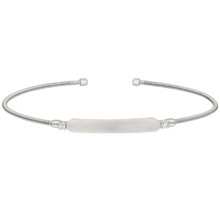 Rhodium finish sterling silver cable cuff bracelet with name plate and simulated diamond birth gems - april