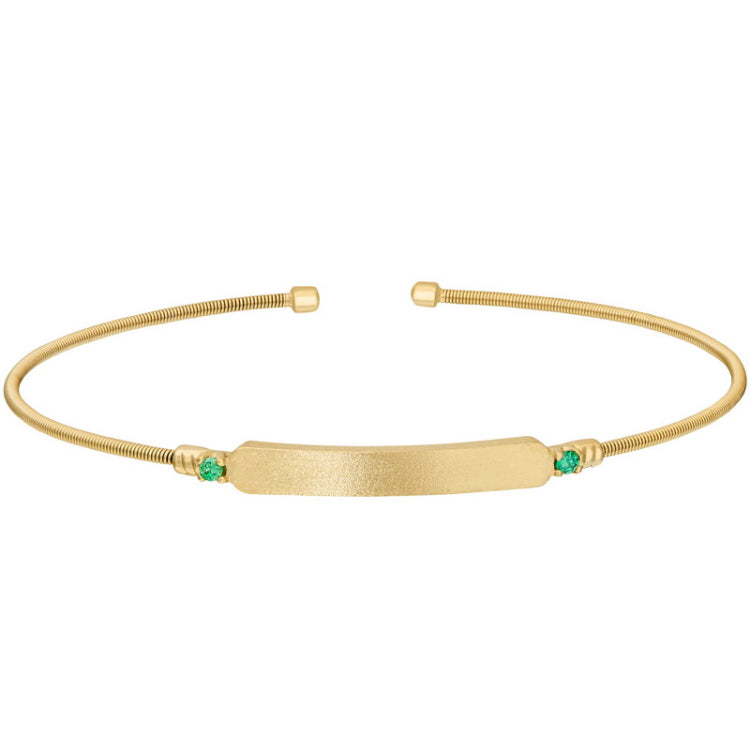 Gold finish sterling silver cable cuff bracelet with name plate and simulated emerald birth gems - may