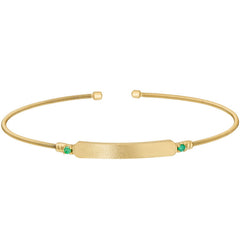 Gold finish sterling silver cable cuff bracelet with name plate and simulated emerald birth gems - may