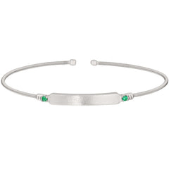 Rhodium finish sterling silver cable cuff bracelet with name plate and simulated emerald birth gems - may
