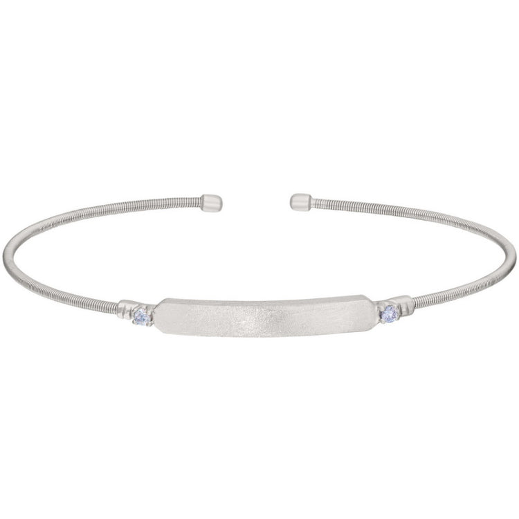 Rhodium finish sterling silver cable cuff bracelet with name plate and simulated light amethyst birth gems - june