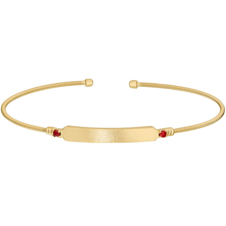 Gold finish sterling silver cable cuff bracelet with name plate and simulated ruby birth gems - july