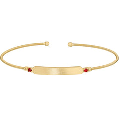 Gold finish sterling silver cable cuff bracelet with name plate and simulated ruby birth gems - july