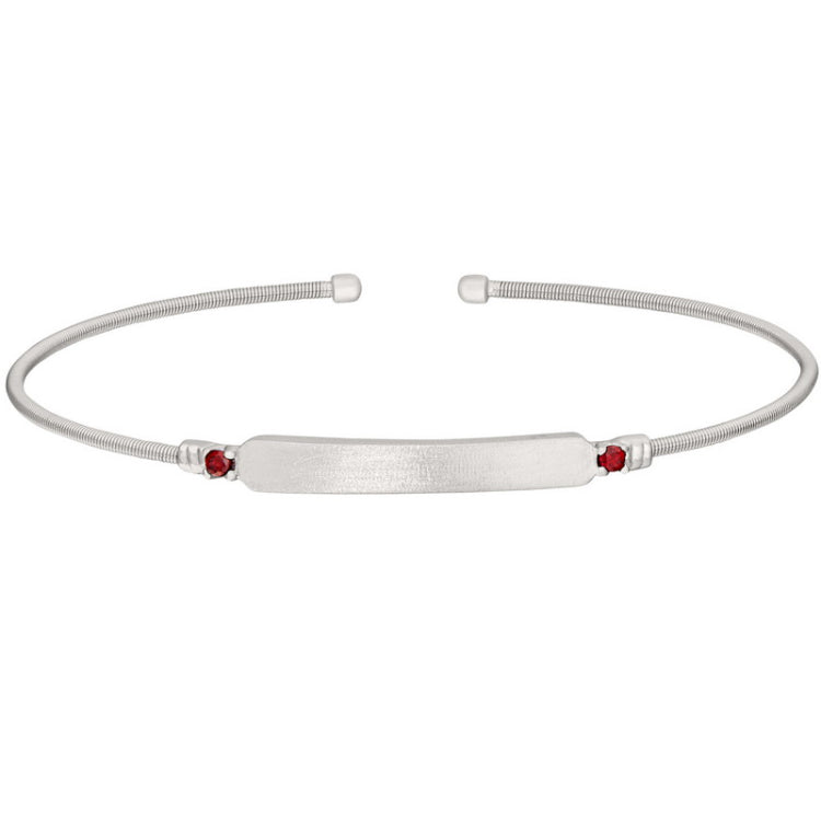 Rhodium finish sterling silver cable cuff bracelet with name plate and simulated ruby birth gems - july