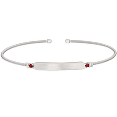Rhodium finish sterling silver cable cuff bracelet with name plate and simulated ruby birth gems - july