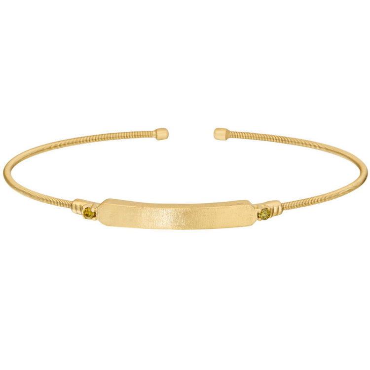 Gold finish sterling silver cable cuff bracelet with name plate and simulated peridot birth gems - august