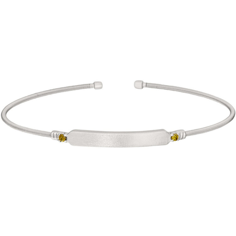 Rhodium finish sterling silver cable cuff bracelet with name plate and simulated peridot birth gems - august