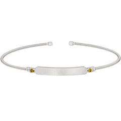 Rhodium finish sterling silver cable cuff bracelet with name plate and simulated peridot birth gems - august