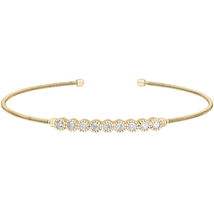 Gold finish sterling silver cable cuff bracelet with beaded bezel set simulated diamonds