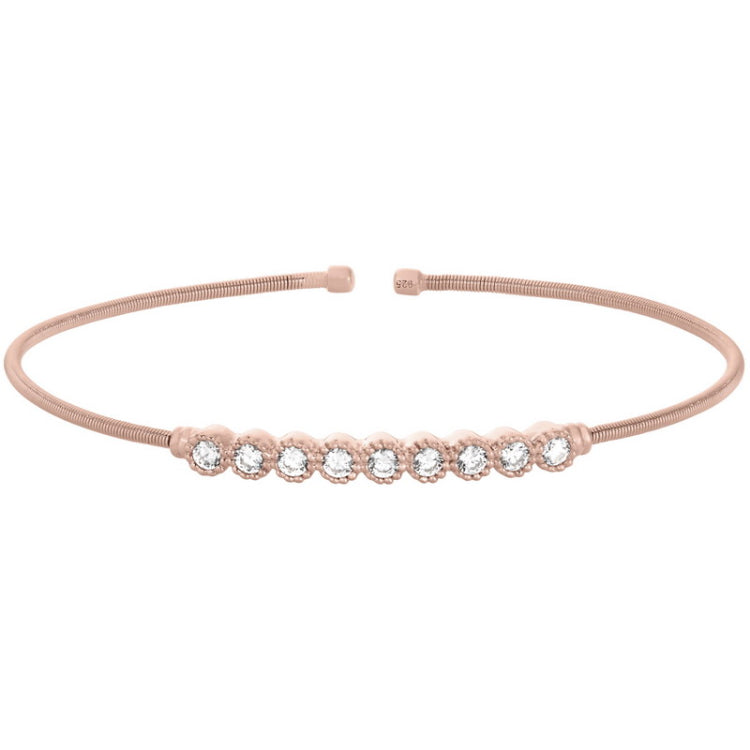 Rose gold finish sterling silver cable cuff bracelet with beaded bezel set simulated diamonds