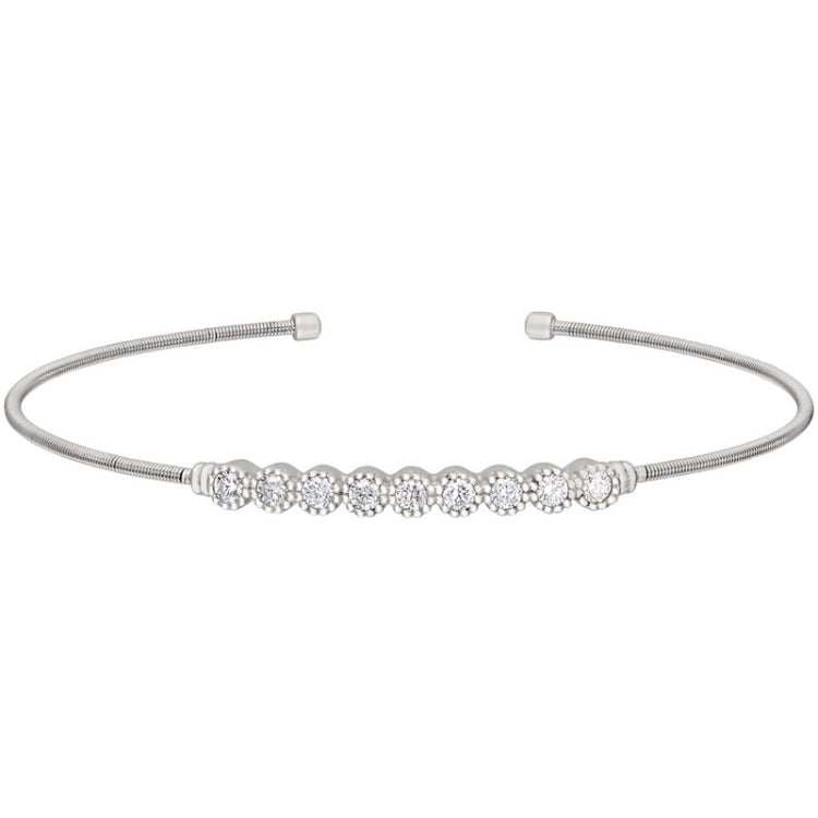Rhodium finish sterling silver cable cuff bracelet with beaded bezel set simulated diamonds