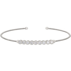 Rhodium finish sterling silver cable cuff bracelet with beaded bezel set simulated diamonds