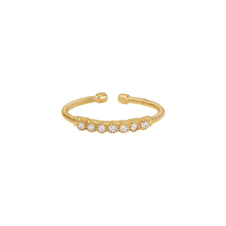 Gold Finish Sterling Silver Cable Cuff Ring with Beaded Bezel Set Simulated Diamonds