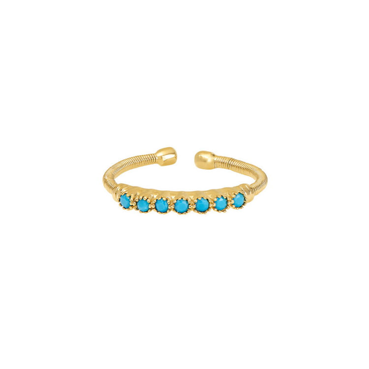 Gold Finish Sterling Silver Cable Cuff Ring with Beaded Bezel Set Simulated Turquoise