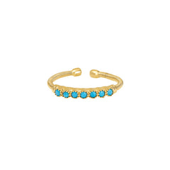 Gold Finish Sterling Silver Cable Cuff Ring with Beaded Bezel Set Simulated Turquoise