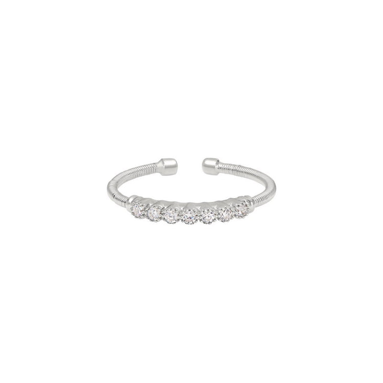 Rhodium Finish Sterling Silver Cable Cuff Ring with Beaded Bezel Set Simulated Diamonds