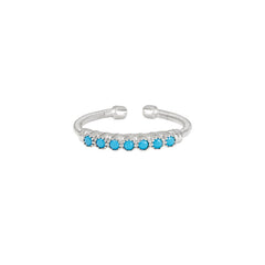 Rhodium Finish Sterling Silver Cable Cuff Ring with Beaded Bezel Set Simulated Turquoise