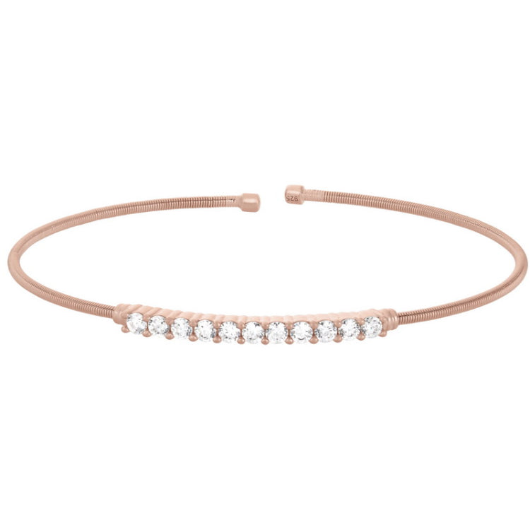 Rose gold finish sterling silver cable cuff bracelet with simulated diamonds