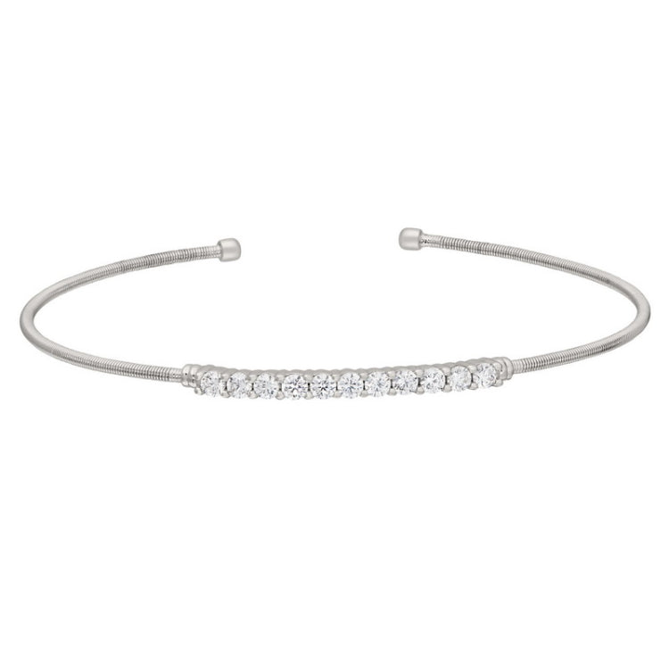 Rhodium finish sterling silver cable cuff bracelet with simulated diamonds