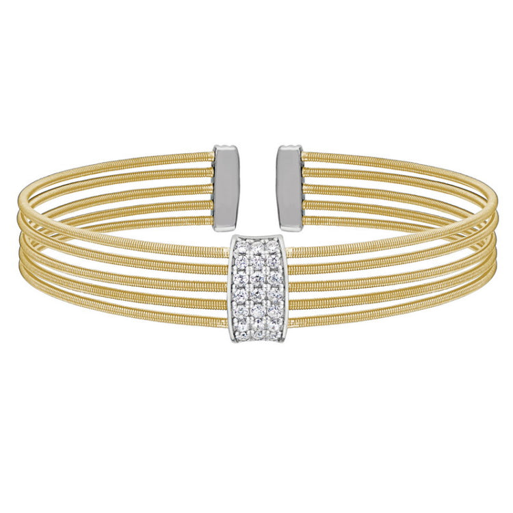 Gold finish sterling silver multi cable cuff bracelet with rhodium finish simulated diamond three rows