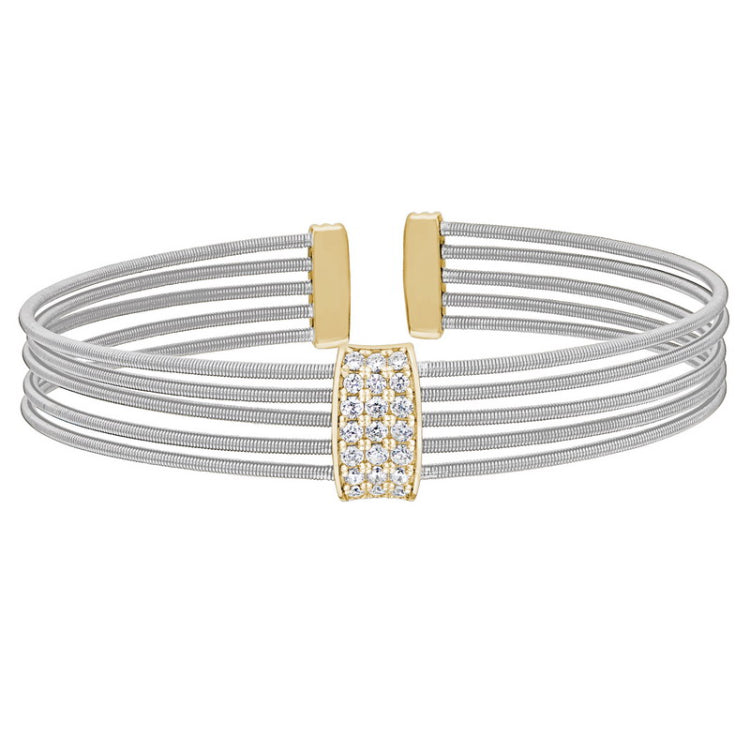 Rhodium finish sterling silver multi cable cuff bracelet with gold finish simulated diamond three rows