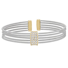 Rhodium finish sterling silver multi cable cuff bracelet with gold finish simulated diamond three rows