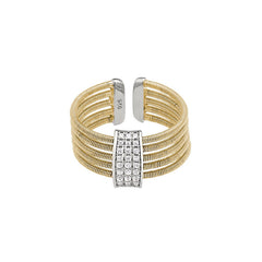 Gold Finish Sterling Silver Multi Cable Cuff Ring with Rhodium Finish Simulated Diamond Three Rows