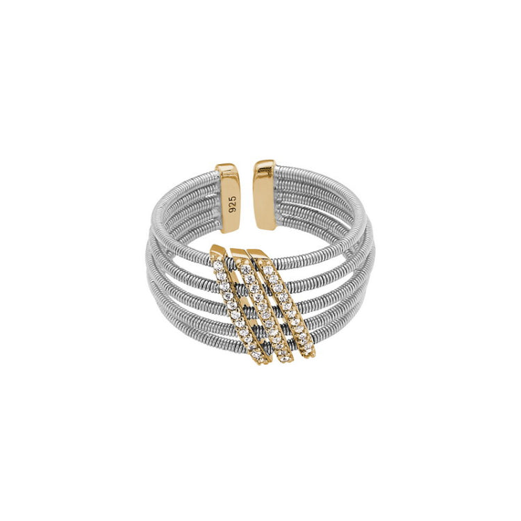 Rhodium Finish Sterling Silver Multi Cable Cuff Ring  Gold Finish Simulated Diamond Three Diagonal 