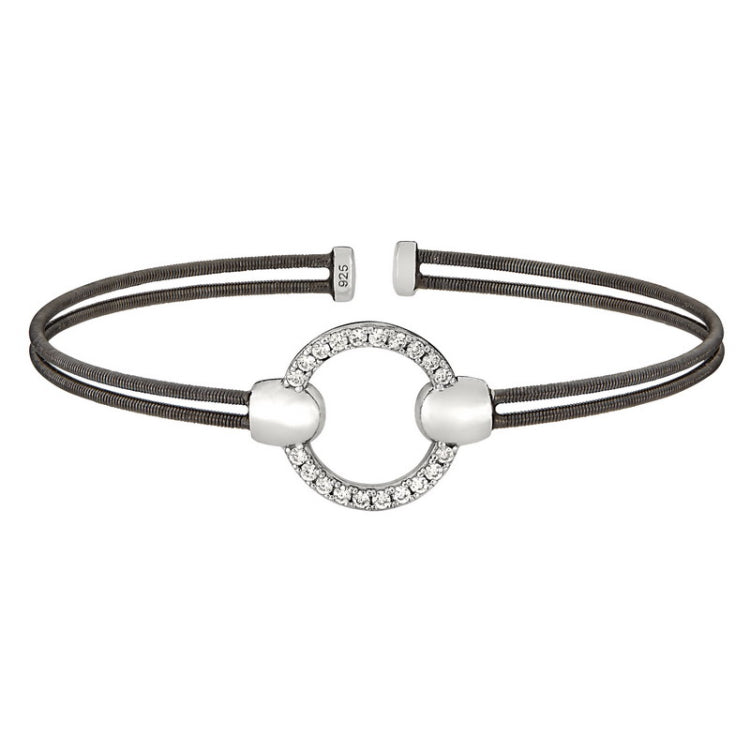 Black Rhodium Finish Sterling Silver Two Cable Cuff Bracelet  Rhodium Finish Simulated Diamond Open