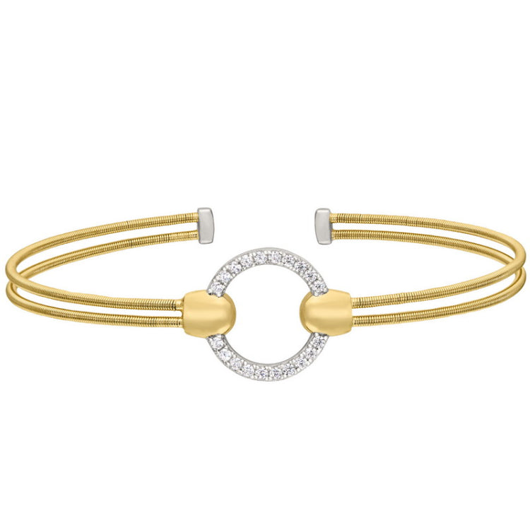 Gold finish sterling silver two cable cuff bracelet with rhodium finish simulated diamond open circle