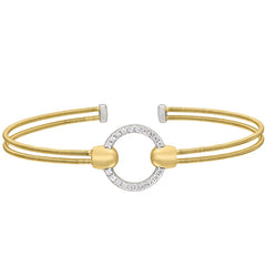 Gold finish sterling silver two cable cuff bracelet with rhodium finish simulated diamond open circle