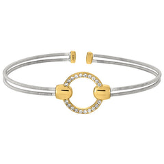 Rhodium finish sterling silver two cable cuff bracelet with gold finish simulated diamond open circle