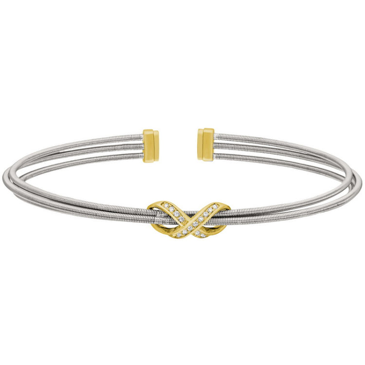 Rhodium Finish Sterling Silver Three Cable Cuff Bracelet  Gold Finish Simulated Diamond Infinity