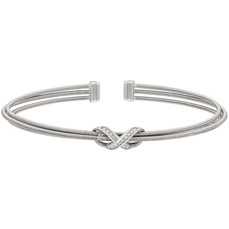 Rhodium finish sterling silver three cable cuff bracelet with rhodium finish simulated diamond infinity