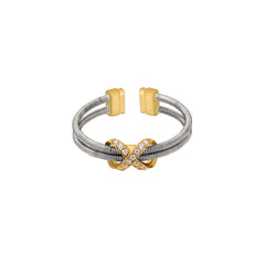 Rhodium Finish Sterling Silver Two Cable Cuff Ring with Gold Finish Simulated Diamond Infinity