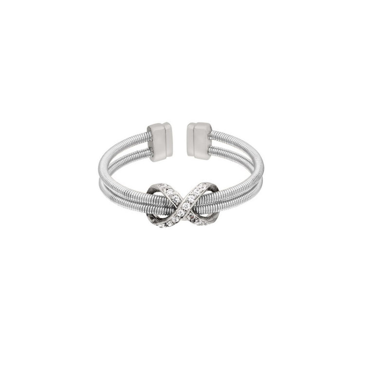 Rhodium Finish Sterling Silver Two Cable Cuff Ring with Rhodium Finish Simulated Diamond Infinity