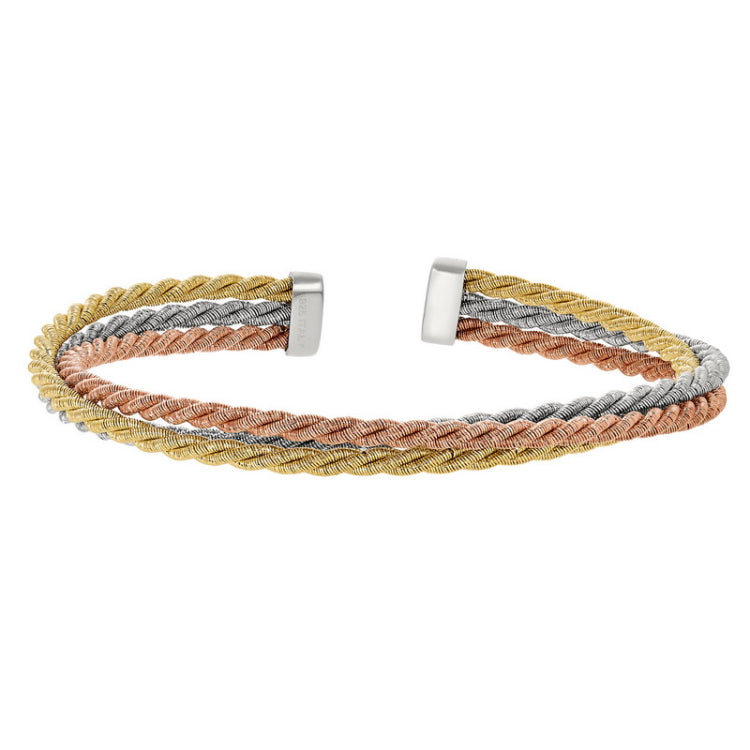 Rhodium, Rose Gold and Gold Finish Sterling Silver Three Rope Twist Cuff Bracelet